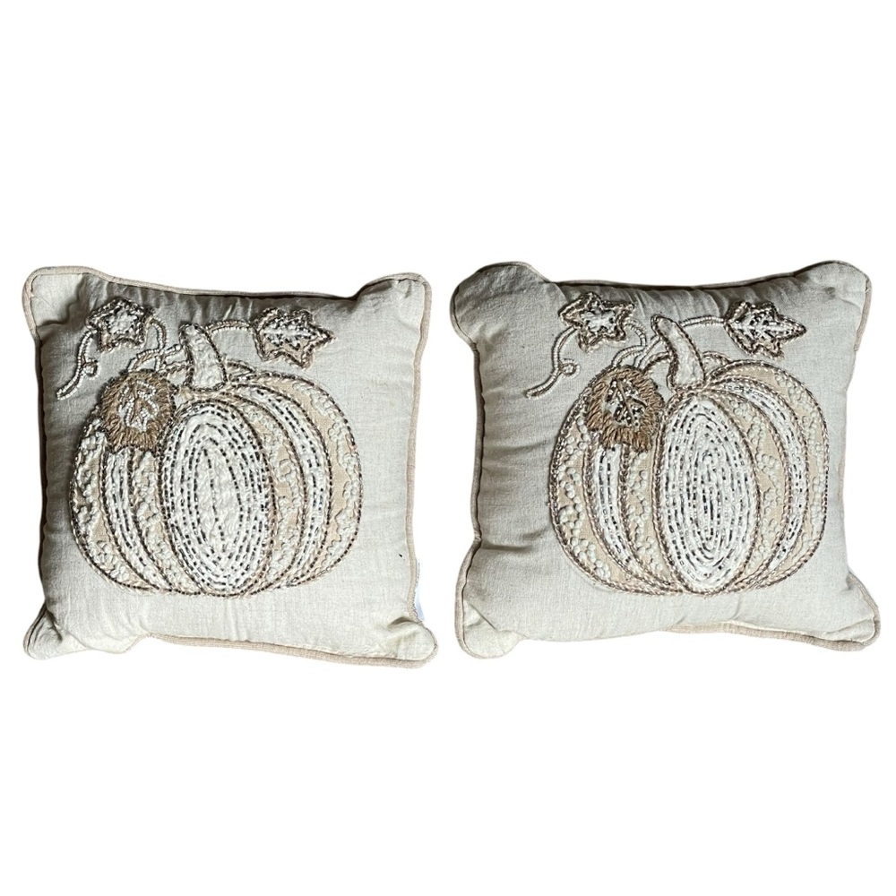 BELLA LUX Throw Pillows Beaded Embroidered Autumn Fall Pumpkin One Pair 12”x12"